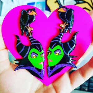 Maleficent Villain earrings. valentine gift cosplay, Sleeping Beauty. Raven. Purpurin. Hand made. Hand painted.