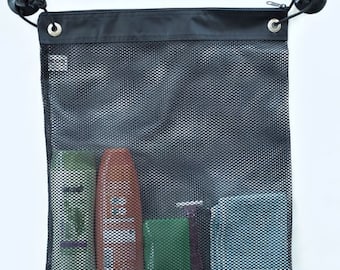 Shower Bag Tote, Mesh Caddy, Dorm Gym Toiletry Organizer - Extra Large Size Suction Cups Clips Cords, Black, 17"L X 16"W - Made in USA