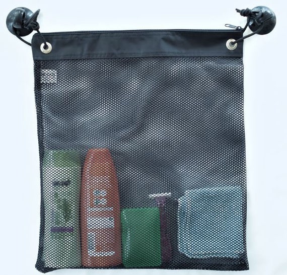 Shower Bag Tote, Mesh Caddy, Dorm Gym Toiletry Organizer Extra Large Size  Suction Cups Clips Cords, Black, 17l X 16w Made in USA 