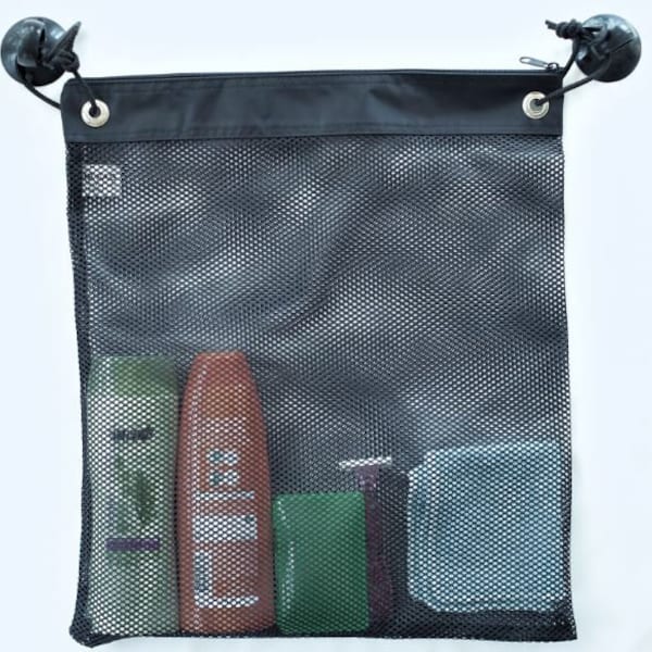 Shower Bag Tote, Mesh Caddy, Dorm Gym Toiletry Organizer - Extra Large Size Suction Cups Clips Cords, Black, 17"L X 16"W - Made in USA