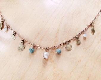 Extra Long Coin Charm Necklace Gypsy Boho Flapper Style with Mother of Pearl Shell Discs Bronze Tone Metal Strung 30-33 Inches