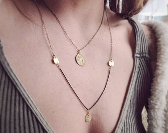 Extra Long Coin Charm Necklace Gypsy Boho Flapper Style with Mother of Pearl Shell Discs Bronze Tone Metal Strung 30-33 Inches
