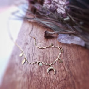 Longer Crescent Moon Necklace With Hammered Dainty Charms, Raw Brass