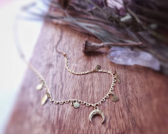 Longer Crescent Moon Necklace With Hammered Dainty Charms, Raw Brass