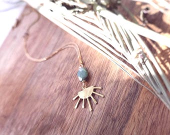 Dainty, Hammered Brass, Geometric Sun Necklace With Emerald & Labradorite