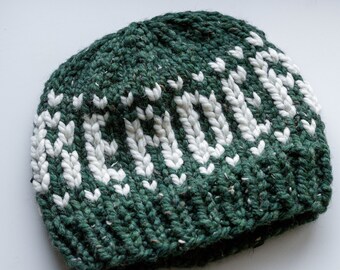 Green and Cream Reader Adult Hand Knit Beanie