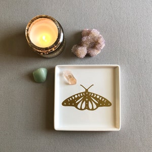 Cosmic Moth Witchy Moon Phases Catchall Dish for Crystals, Jewelry, Rings, Sacred Space in White