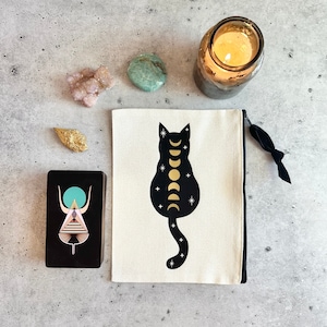 Pochette à fermeture éclair chat cosmique pour cartes de tarot, cristaux et objets magiques