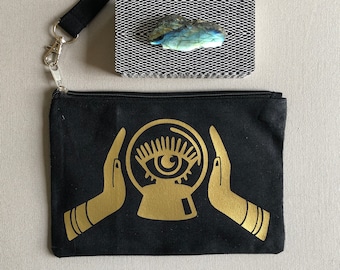 Psychic Eye Wristlet Zipper Pouch Bag for Tarot Cards, Crystals, Witchy Things - Black