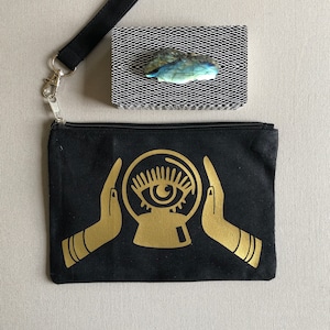 Pochette zippée avec bracelet Psychic Eye pour cartes de tarot, cristaux et objets magiques - Noir