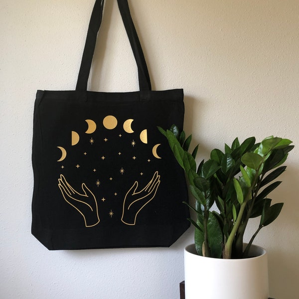 Moon Witch Lunar Phases Witchy Canvas Tote Bag - Black