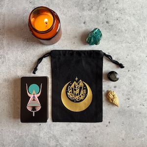 Pochette à cordon Crystal Moon pour cartes de tarot, cristaux et objets magiques - NOIR