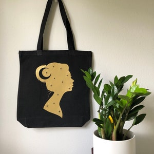 Cosmic Lady Witchy Canvas Tote Bag - Black