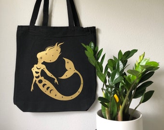 Cosmic Mermaid Witchy Moon Phases Canvas Tote Bag - Black