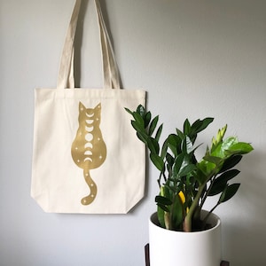 Cosmic Cat Witchy Moon Phases Sac fourre-tout en toile - Blanc