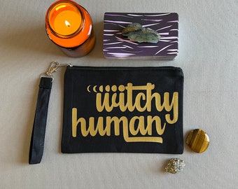 Witchy Human Nonbinary Witch Wristlet Zipper Pouch Bag for Tarot Cards, Crystals, Ritual Items - Black