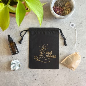 Plant Medicine Drawstring Pouch Bag for Herbs, Tinctures, Oils, Witchy Things - Black Pouch with Gold Design