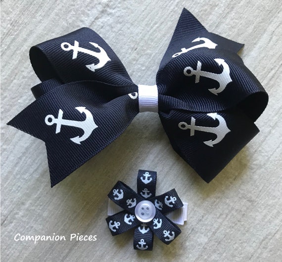 HANDMADE ANCHOR BOUTIQUE HAIR BOW 5/" NAVY WHITE NAUTICAL ALLIGATOR CLIP GROSGRA