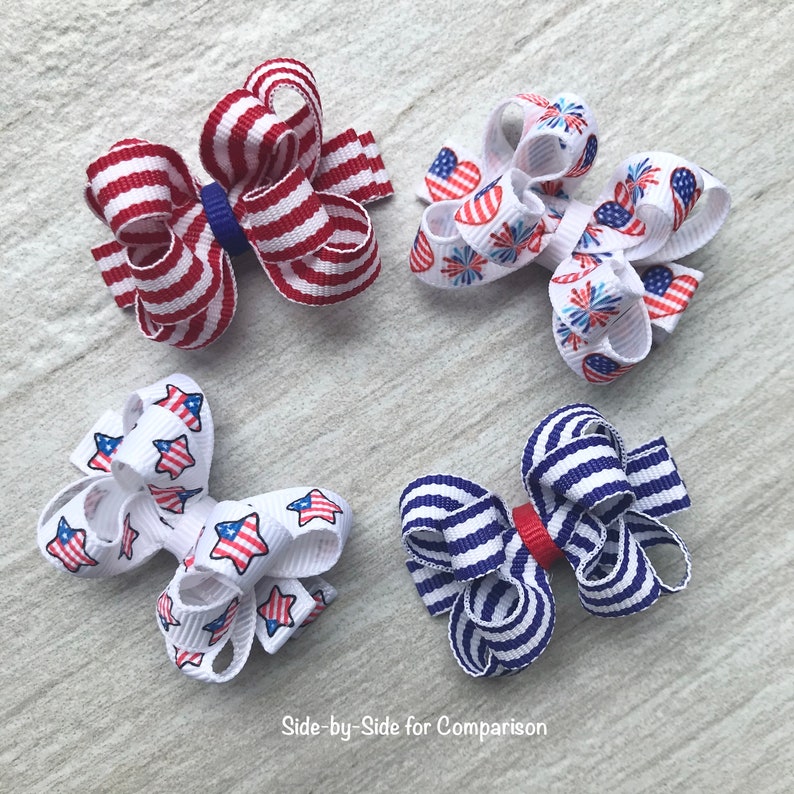 Blue Bow; Girls Fourth; Stripe; 4th; Toddler; Baby; Infant; Fine Hair; Small Dog; Yorkie; Pet Mini Twisted Bows; Fourth of July; Red White