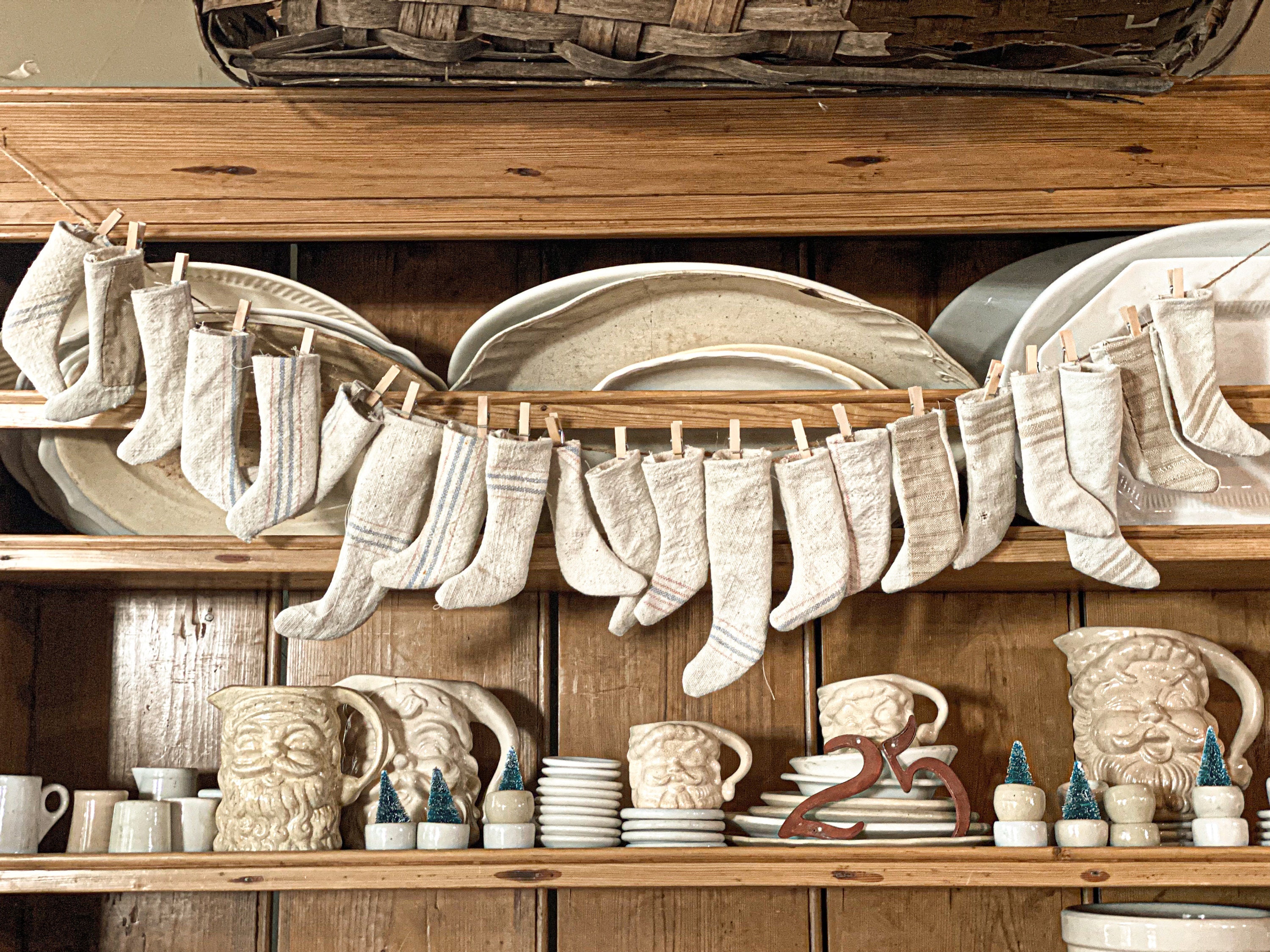 Mini grainsack stocking garland primitive farmhouse cottage Christmas shabbychic