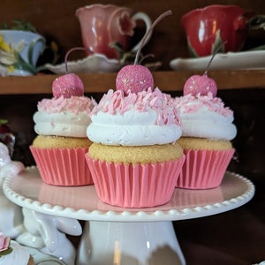 Fake cupcakes/faux cupcakes/artificial cupcakes/fake food/artificial food/prop food/prop desserts/set decor/pink cupcakes/pink cherries/