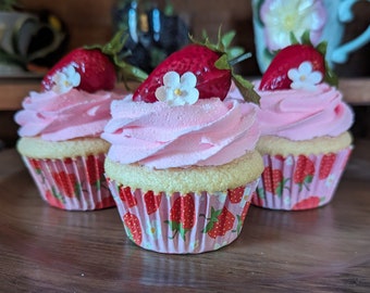 Fake cupcakes/fake strawberry cupcakes/artificial food/fake food/pink cupcakes/prop desserts/photo props/dessert bar/strawberry decor