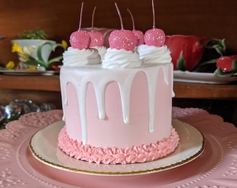 Fake cake/faux cake/artificial cake/fake food/artificial food/prop cake/photo props/fake bake/drip cake/mini cake/pink cake/pink cherries