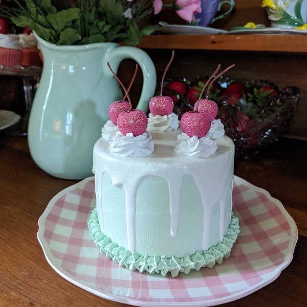 Fake cake/faux cake/artificial cake/fake food/artificial food/photo props/cake prop/drip cake/mini cake/cherry cake/pink cherries/mint cake