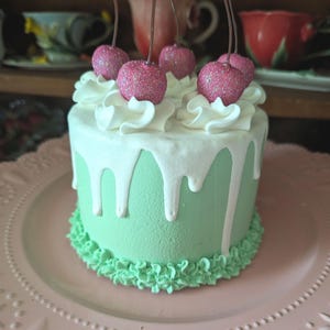 Mini Mint Drip Cake with Glittery Pink Cherries: Faux Food Photo Prop