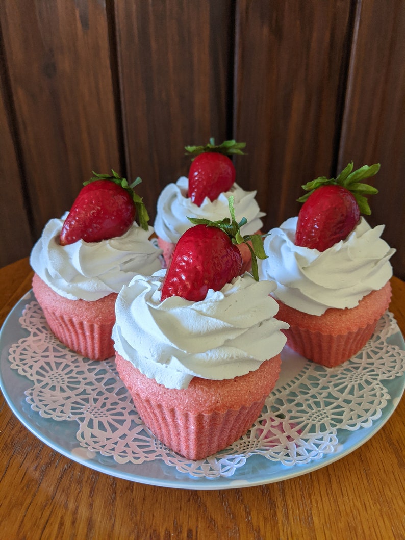 Fake cupcakes/Faux cupcakes/Fake food/Artificial food/Fake cake/Faux cake/Photo props/Prop cakes/Strawberry cupcakes/Pink cupcakes/Hearts image 1