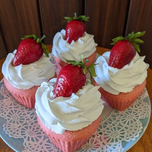 Fake cupcakes/Faux cupcakes/Fake food/Artificial food/Fake cake/Faux cake/Photo props/Prop cakes/Strawberry cupcakes/Pink cupcakes/Hearts image 3