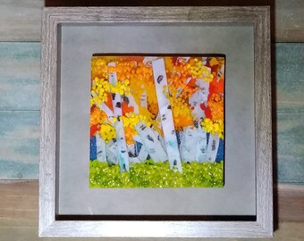 fused glass wall artgreen glassbirch tree artfused glass artframed glass artglass landscapestree artglass home decorglass panel
