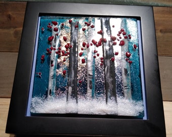fused glass wall artgreen glassbirch tree artfused glass artframed glass artglass landscapestree artglass home decorglass panel