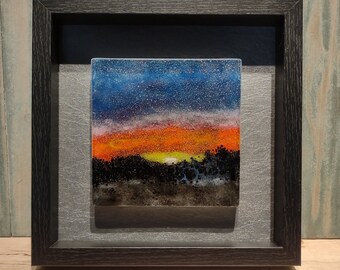 sunset art/fused glass art/mountain art/glass wall hanging/framed glass art/unique gifts/glass landscapes/handmade glass art/glassfusedart