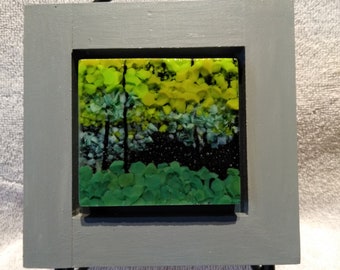 Framed Fused Glass Landscape Art: Green Tree Wall Decor (4.9&quot; x 4.9&quot;)