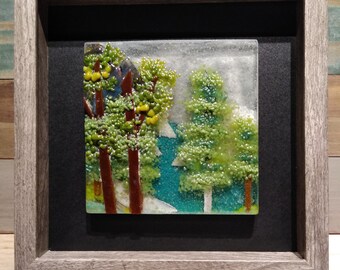 fused glass wall artgreen glassbirch tree artfused glass artframed glass artglass landscapestree artglass home decorglass panel