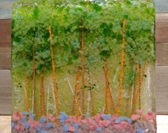 fused glass wall artgreen glassbirch tree artfused glass artframed glass artglass landscapestree artglass home decorglass panel