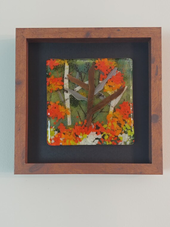 fused glass wall artgreen glassbirch tree artfused glass artframed glass artglass landscapestree artglass home decorglass panel