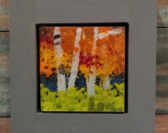 Framed Fused Glass Art: Birch Tree Landscape Panel