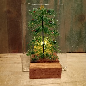 Handmade Fused Glass Christmas Tree Light: Oak Base Holiday Decor