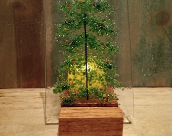 Handmade Fused Glass Christmas Tree Light: Oak Base Holiday Decor