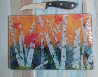 Birch Tree Glass Cutting Board: Decorative Landscape Art