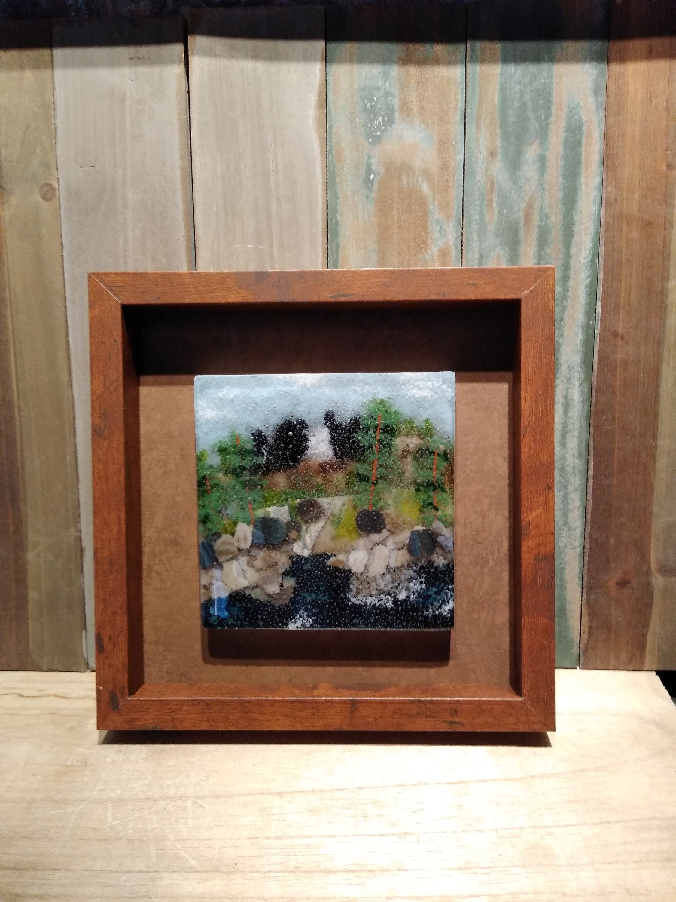 Framed Fused Glass Art: Stormy Ocean Scene, Puget Sound Decor