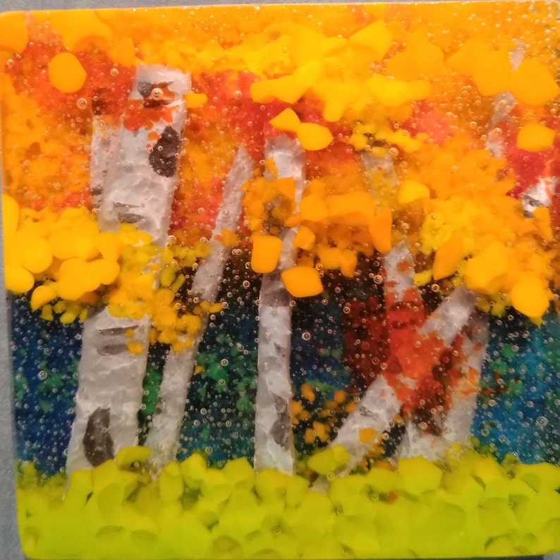 fused glass wall artgreen glassbirch tree artfused glass artframed glass artglass landscapestree artglass home decorglass panel