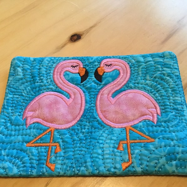 Embroidered Flamingo Mug Rug