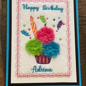 Embroidered/Personalized Fringed Cupcakes Birthday Greeting Card