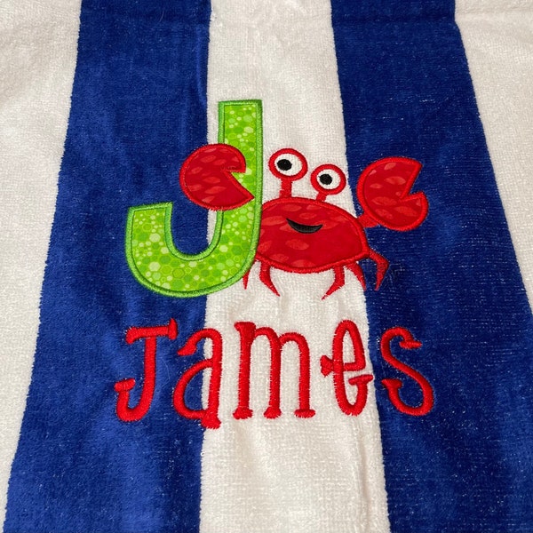 Embroidered/Appliqué Alpha Crab Beach Cabana Towels Personalized