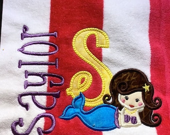 Embroidered/Appliqué Mermaid Alpha Beach Cabana Towels Personalized
