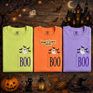 Ghost + Bats + BOO Embroidered Pocket T-Shirts