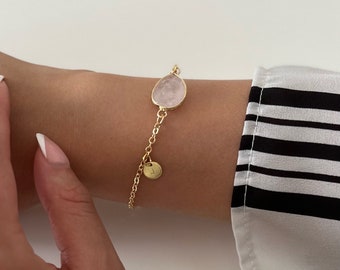 Faceted Rose Quartz and Letter Charm Bracelet. 18k Gold Plated Bracelet, Custom Made Jewelry for Anniversary, Wife, Girlfriend.